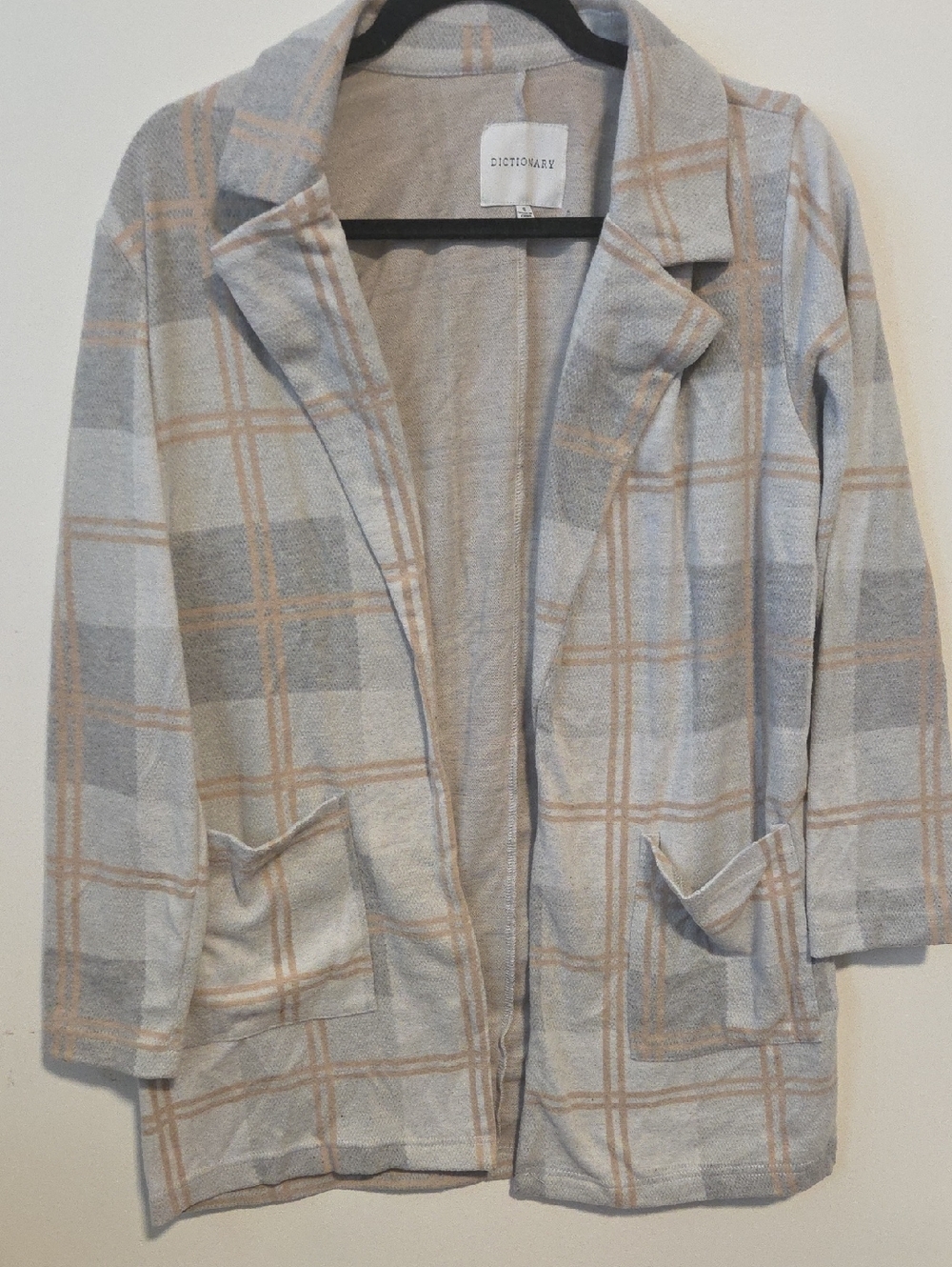 Dictionary Open-Front Plaid Knit Sweater Jacket - Cream & Gray